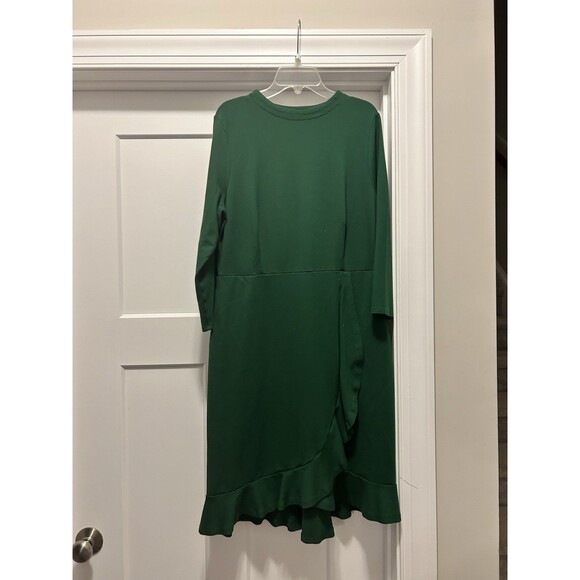 J Jill Ponte Jersey Dress Size Medium 3/4 Sleeves Ruffles Pockets Green Stretchy - Picture 1 of 7
